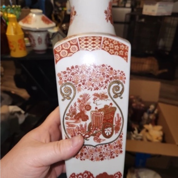 Other - White Porcelain Vase with Rust Floral Cart Motif